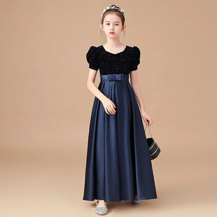 全4色 発表会ドレス ロングドレス 子供ドレス ベロア ベルベット サテン ドレス ネイビー ワイン赤 緑 黒 演奏会ドレス 女児ドレス ロング キッズドレス 紺色 ブラック グリーン ワインレッド