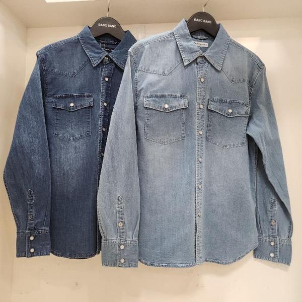 HC15 春 男女兼用 ベーシック スパン ウォッシング デニム 長袖 シャツ,ライクラ (E45800838)