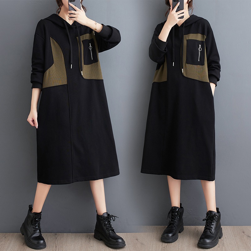 2024春冬の新型ロングワンピース怠惰なパーカーTシャツワンピーススウエットパーカーロンT