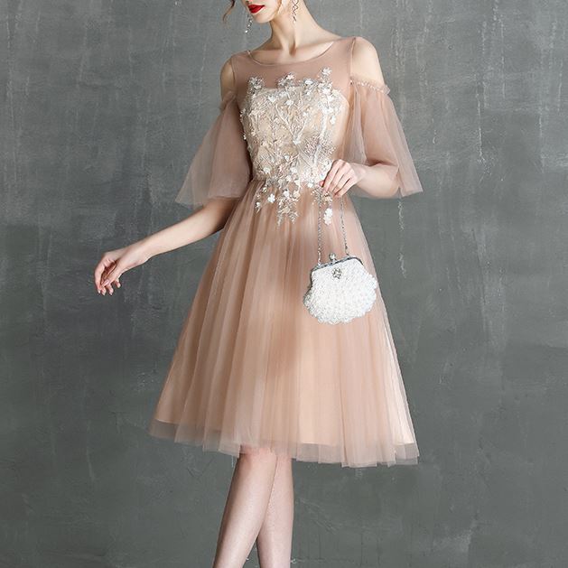 ドレス レディース パーティドレス 結婚式ドレス レース チュール ひざ丈 ボートネック