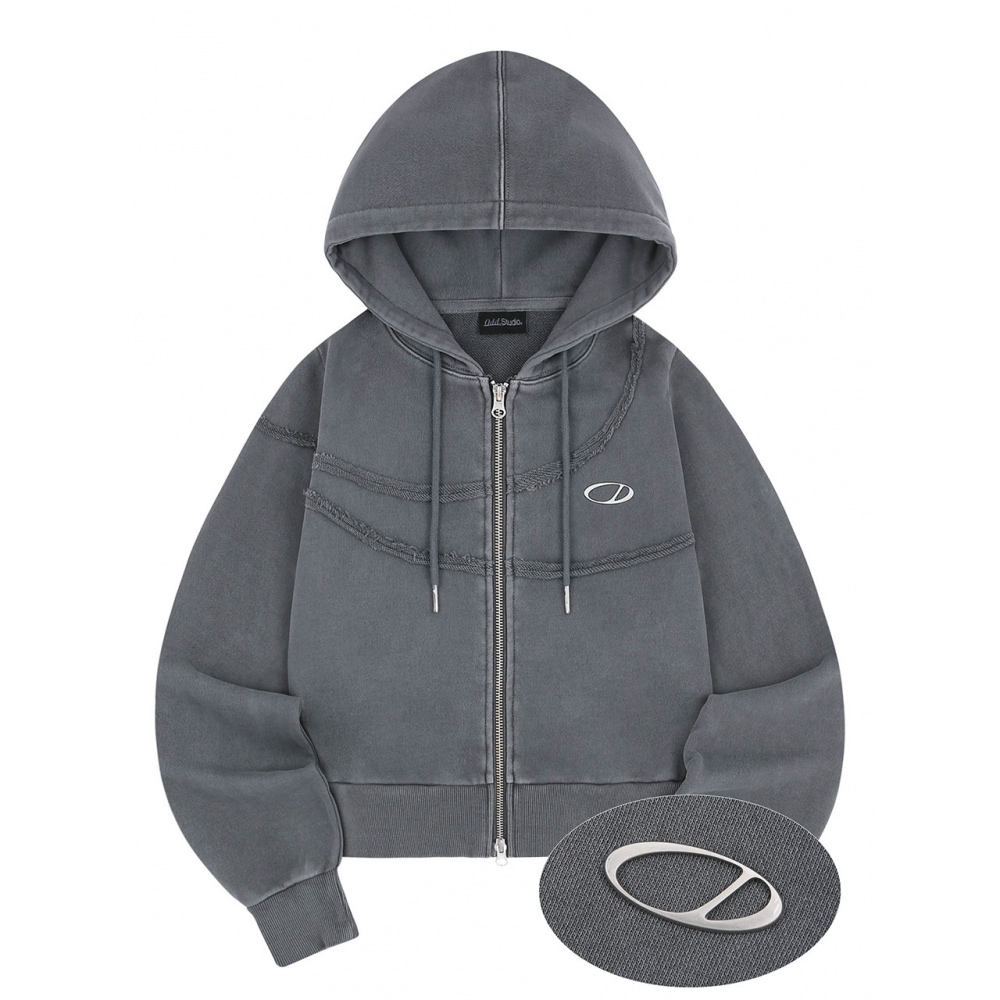 ODD STUDIO ピグメントカットオフフードジップアップライトチャコール