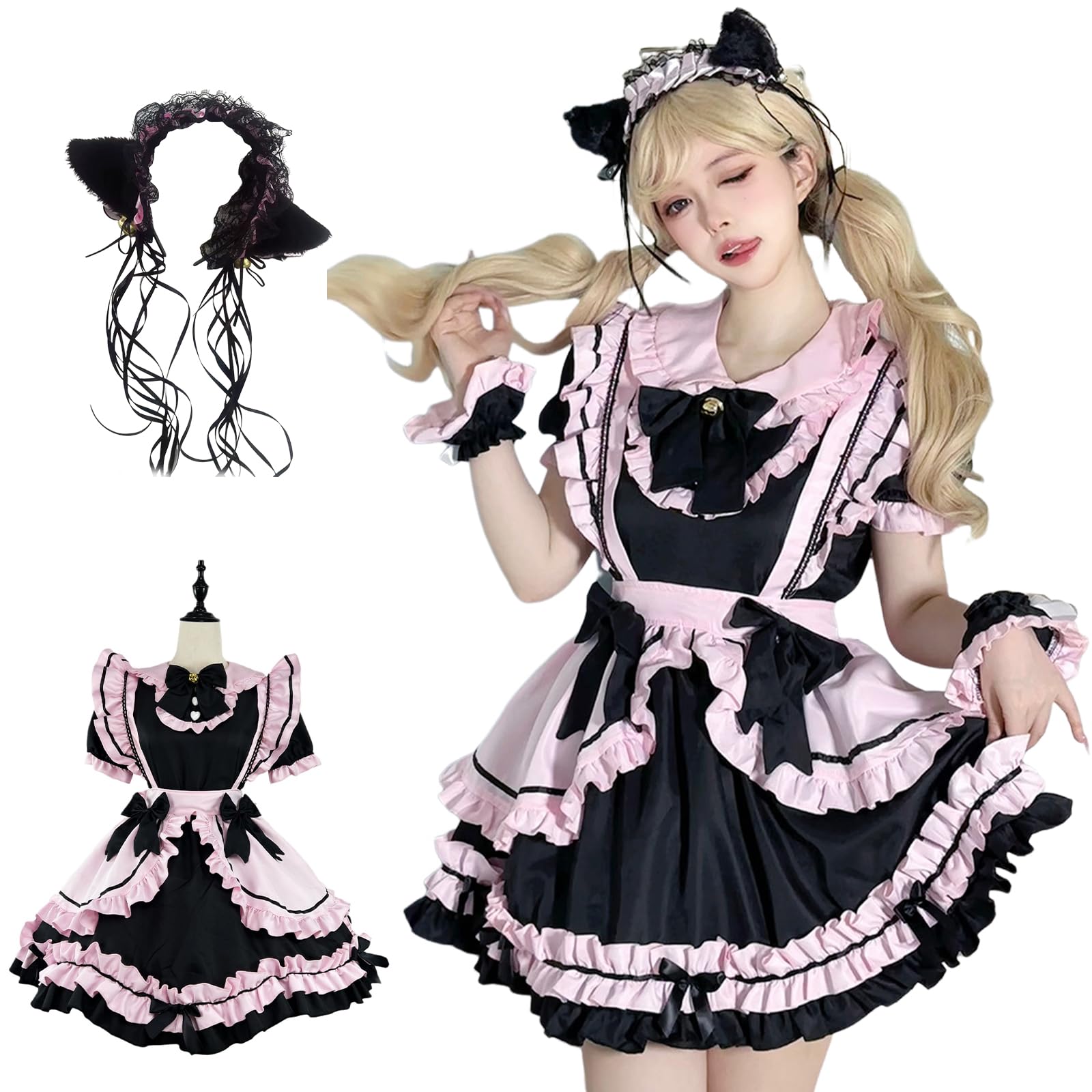 [神併良品] メイド服 大きいサイズ ゴスロリ ウェイトレス コスプレ 衣装 フリル ロリータ 耳付きカチューシャ付き コスチュームセット 清楚 可憐 萌え レディース ドレス 喫 17932