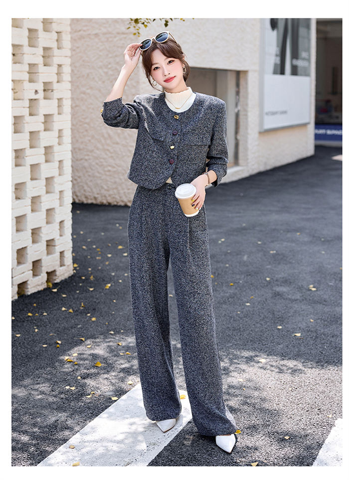 パンツスーツ セットアップ レディース 2点セット スーツ ノーカラー ジャケット ワイドパンツ スーツジャケット ショート丈 春 秋 ビジネススーツトレンド感 着痩せ シンプル カジュアル