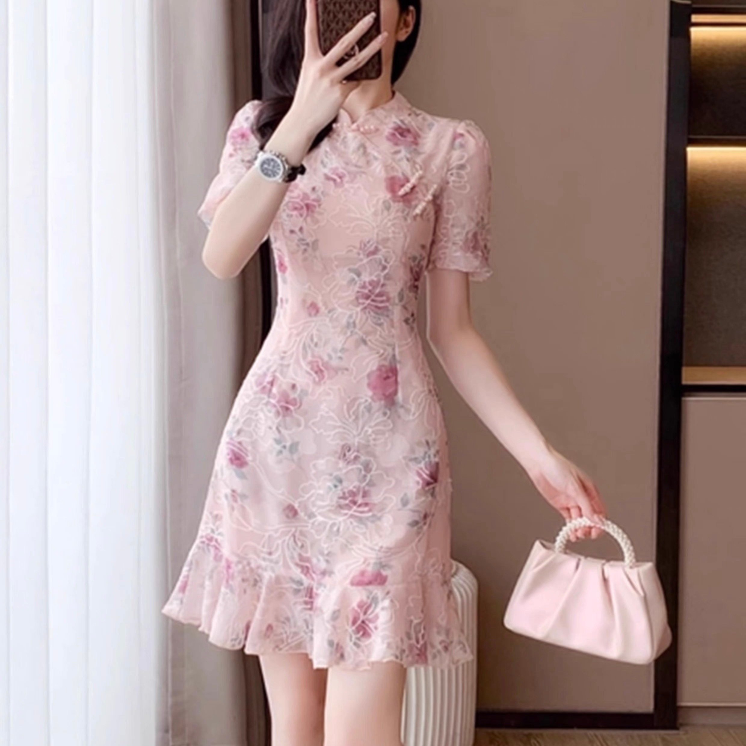 レディース ワンピース フレア ティアード ミニ ショート 半袖 パフスリーブ チャイナ タイト スリム 細身 Aライン スマート フェミニン 刺繍 フリル ハイウエスト 異国風 ヴィンテージ 染め