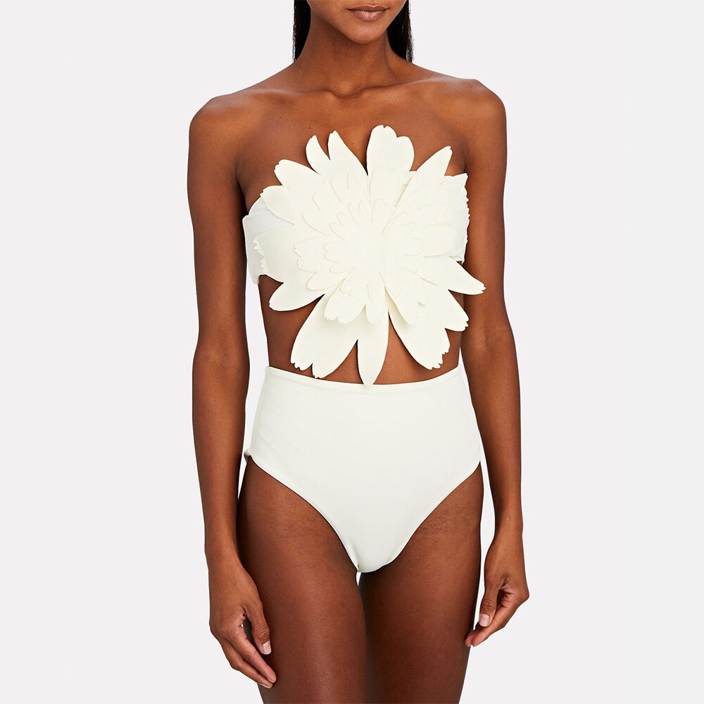 白い花の水着,ツーピースセット,バケーション,ビーチウェア,デザイナー,ハイウエスト,おなかコントロ