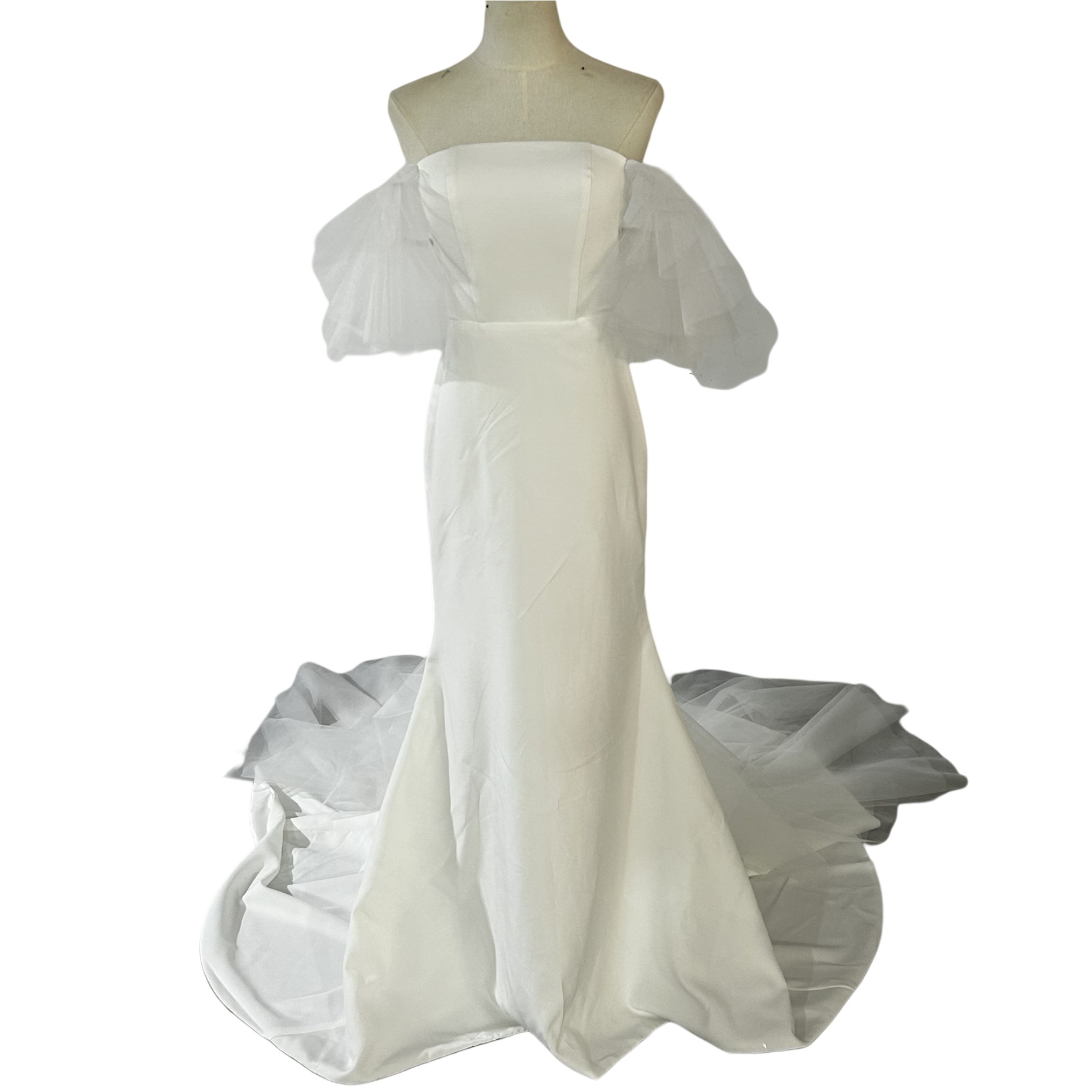 ウェディングドレス オフショルダー 取り外しトレーン 細見えシルエット 可愛い 拳式 前撮り