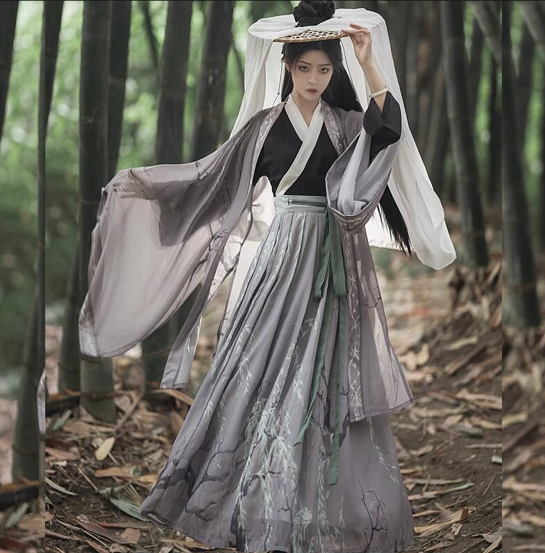 漢服 3点セット 大人 ユニセックス 暗色系 チャイナ服 コスプレ衣装 暗黒 中華服 レディース メンズ グレー系 中国古代服装 魏晋 交差襟 振袖 ロング羽織付き エスニックプリント柄 水墨 クール