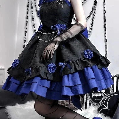 ロリータサスペンダードレス ロリータツイン ブラック レッド ブラック ブルー ダークゴシック風 コスチューム