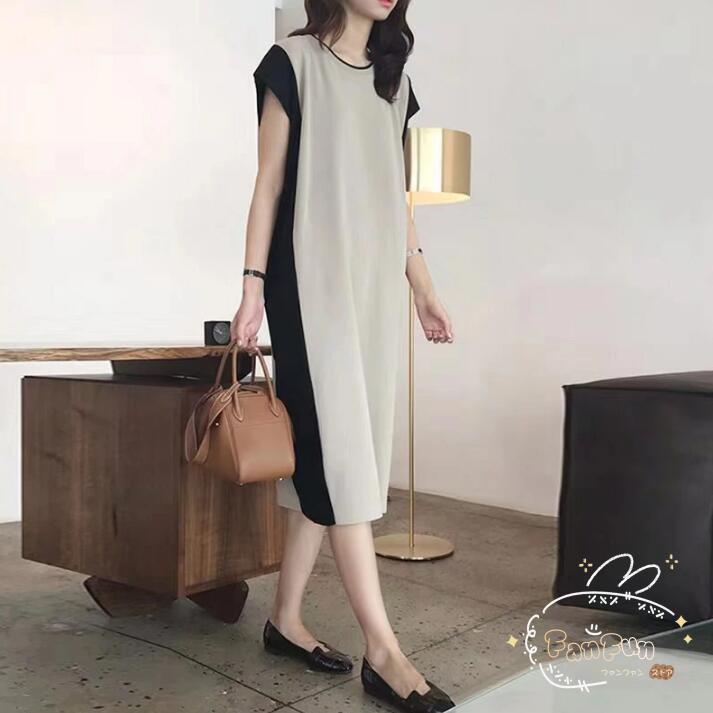 バイカラーワンピース 春 夏 半袖 バイカラー ワンピース レディース ロング きれいめ 上品 膝下 大きいサイズ 秋 ワンピ 体型カバー 着痩せ