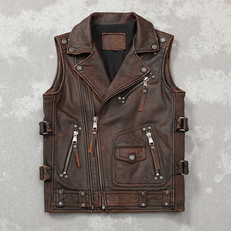 ハーレーオートバイベスト牛革レザージャケットメンズレトロアンティーク調本革マルチジップトレンディメンズピュアレザーライディングベスト