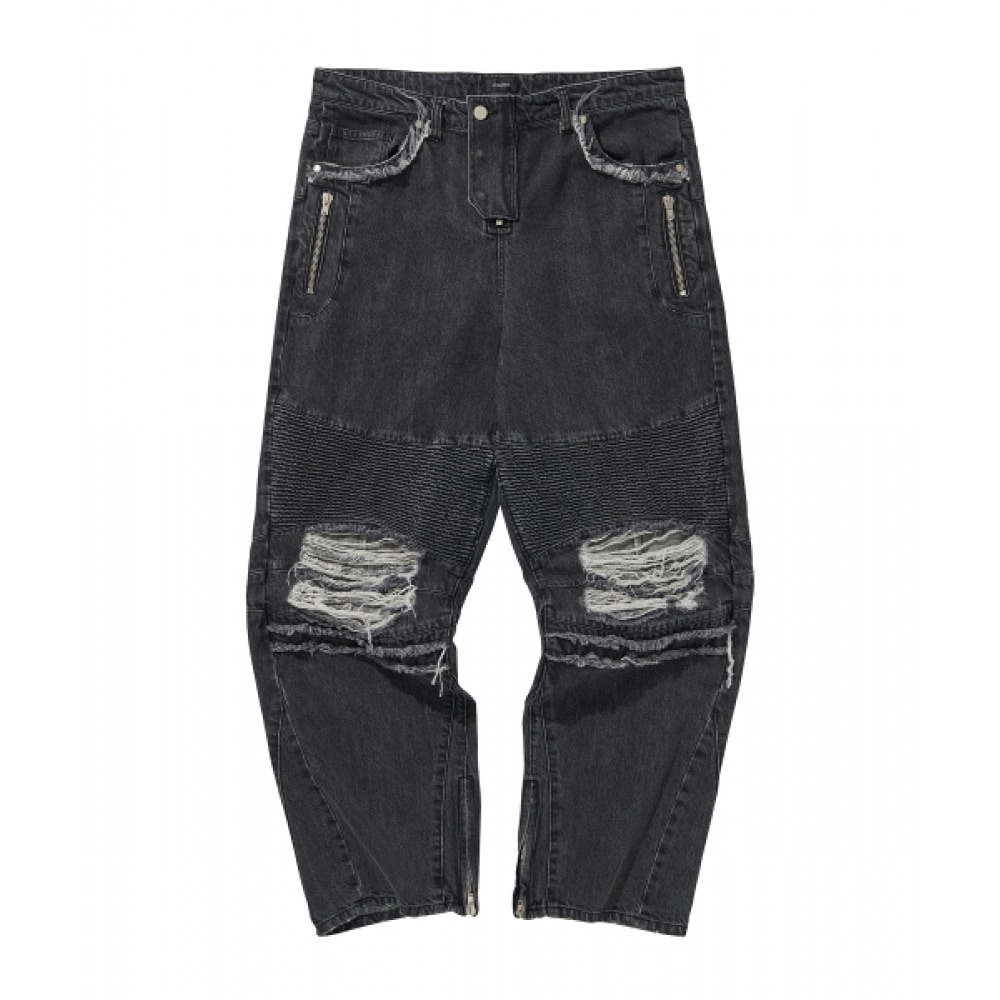 リビアコリアデニムバイカーバギーパンツ/ブラック