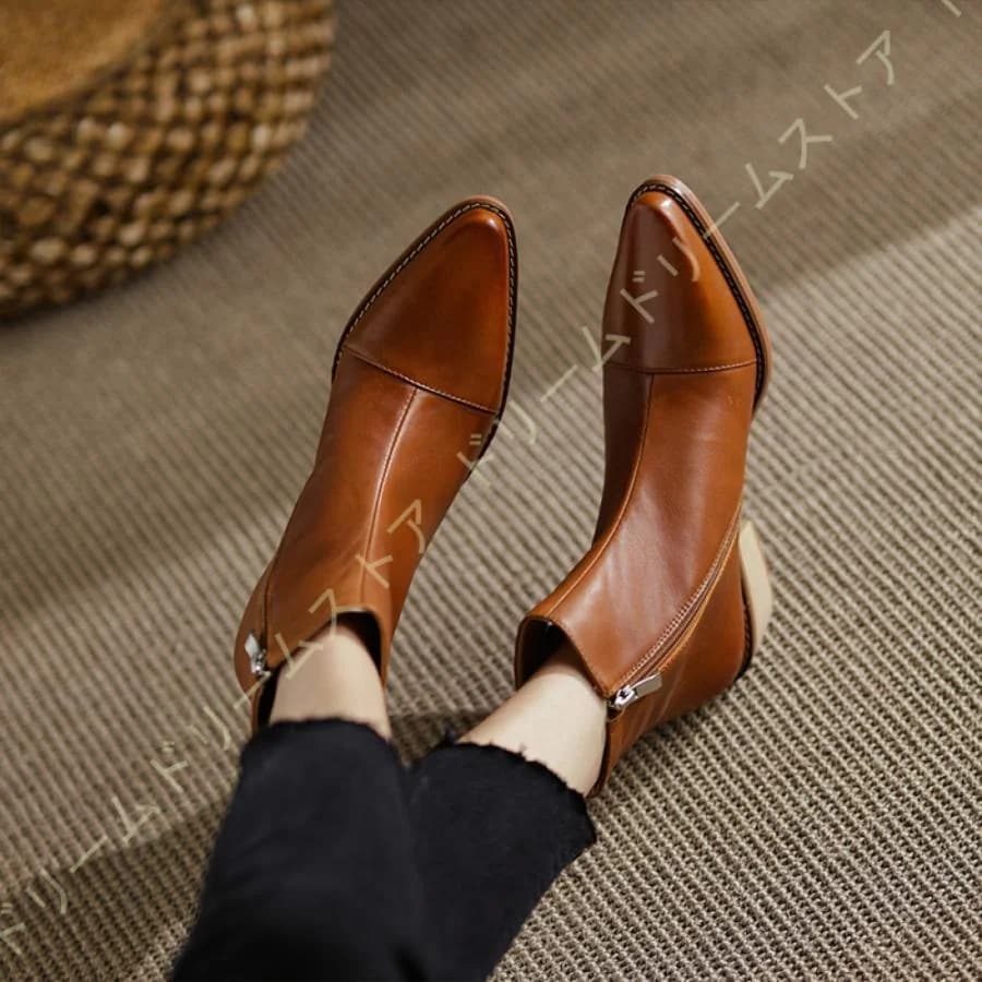 ショートブーツ レディース 歩きやすい ポインテッド ブーツ 本革 ブーツ ショートブーツ ポインテッドトゥ サイドジップ ローヒール ブラック 黒 履きやすい