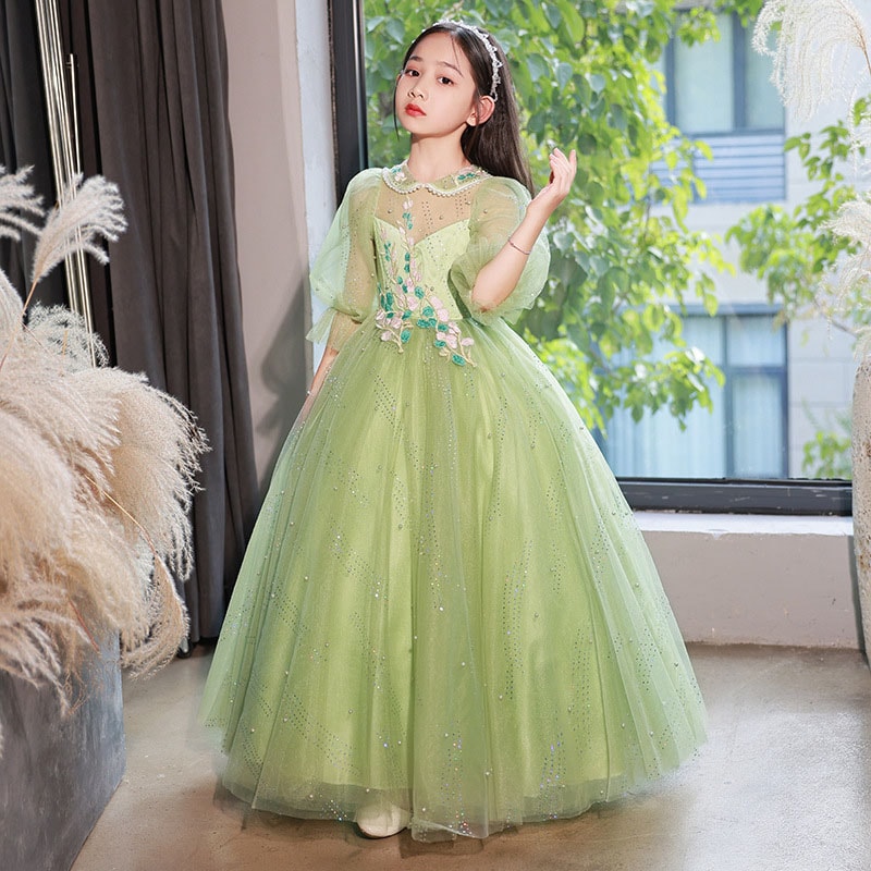 子供ドレス グリーン ロングドレス ピアノ発表会ドレス 演奏会 ドレス フォーマル 女児ドレス 折り襟 パール パフスリーブ 可愛い 女の子ドレス キッズドレス ピアノ発表会 ロング 100