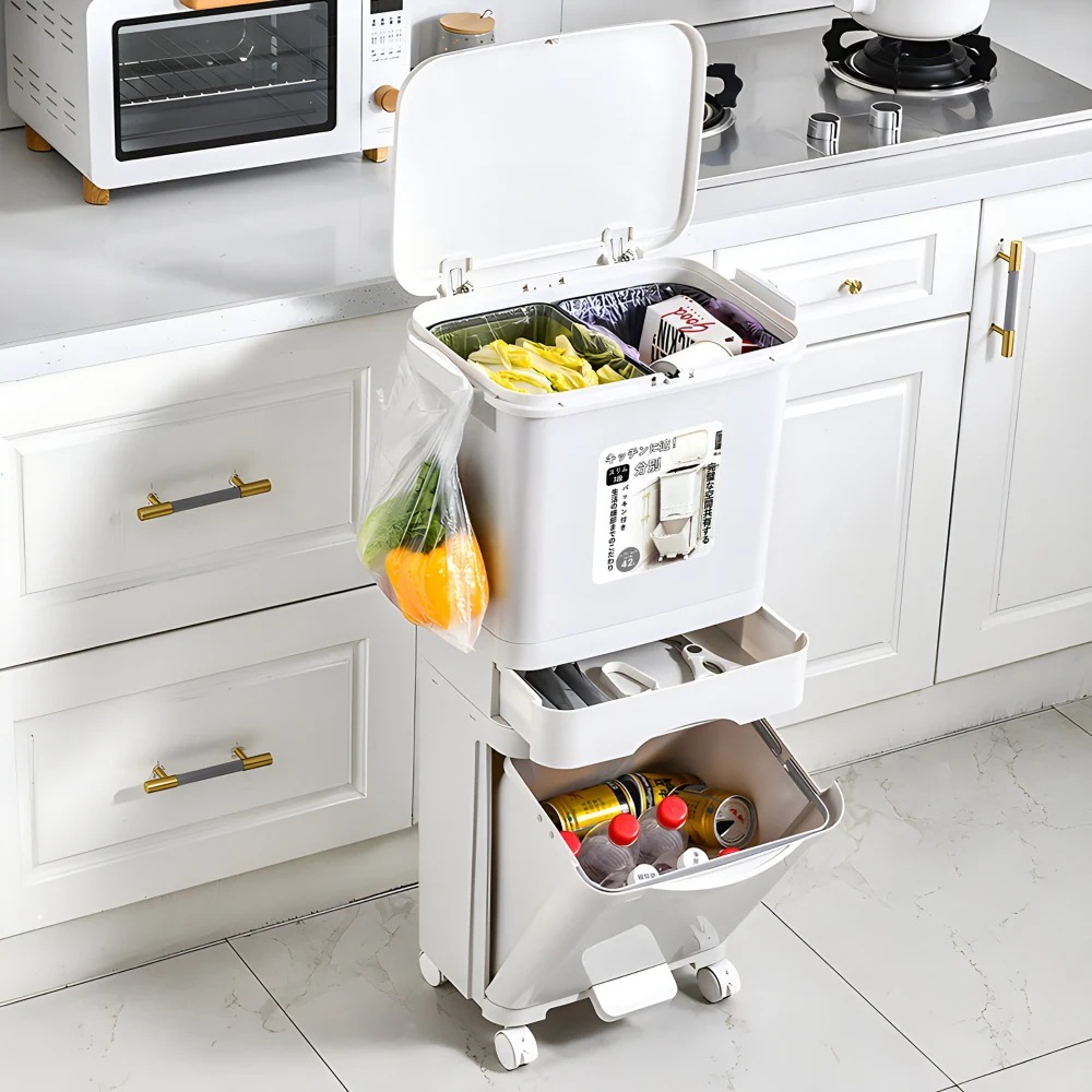 ゴミ箱 スリム 縦型 2段 おしゃれ キッチン ふた付き 3分別 大容量 ワゴン 42L ダストボックス リビング ペダル ごみ箱 足踏み タオルラック フラップ式 ホワイト 新生活 DJYC215 8,595円