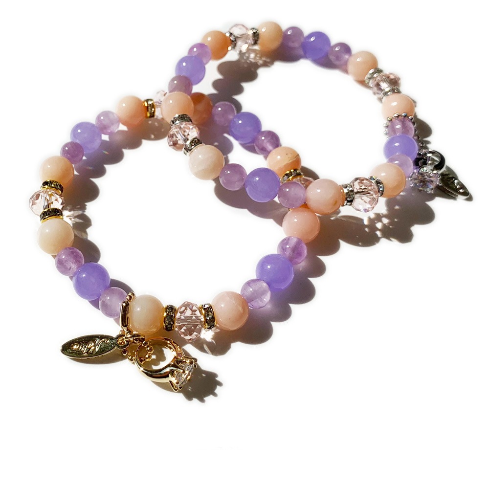 ピンクオパール ラベンダーアメジスト パープルカルセドニー チャーム 天然石ブレスレット