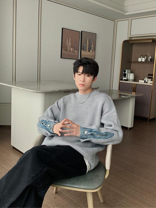 メンズ ファッション 男性用 オシャレ シンプル 大人 かっこいい 大きいサイズ ストリート 紳士服 冬 ツーピース セーター 韓国ファッション スタイル ラウンドネック セーター デニム トップス