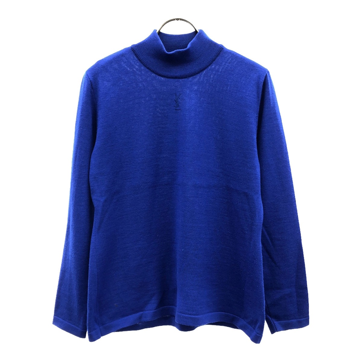 90s ウール100% オールド ロゴ刺繍 長袖 モックネック ニット M ブルー セーター レディース 古着