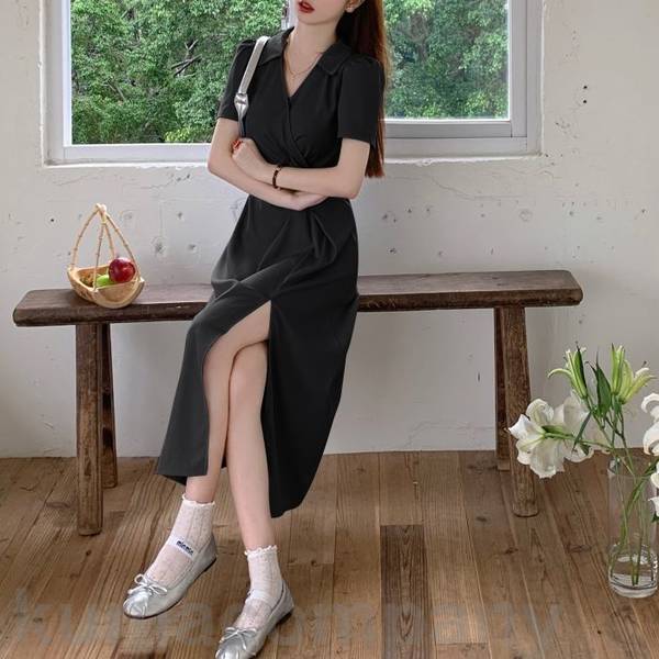 ワンピース ドレス 袖あり カシュクール エレガント レディース きれいめ カジュアル おしゃれ 半袖 大人 可愛い フェミニン ミモレ丈 ギャザー スリット Vネック シンプル ピンク ブルー グリ