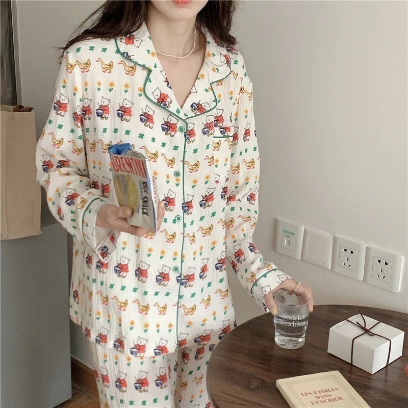ルームウェア韓国insレディース作綿糸パジャマ春秋長袖カーディガンアヒル熊の部屋着2点セット30%までに制限