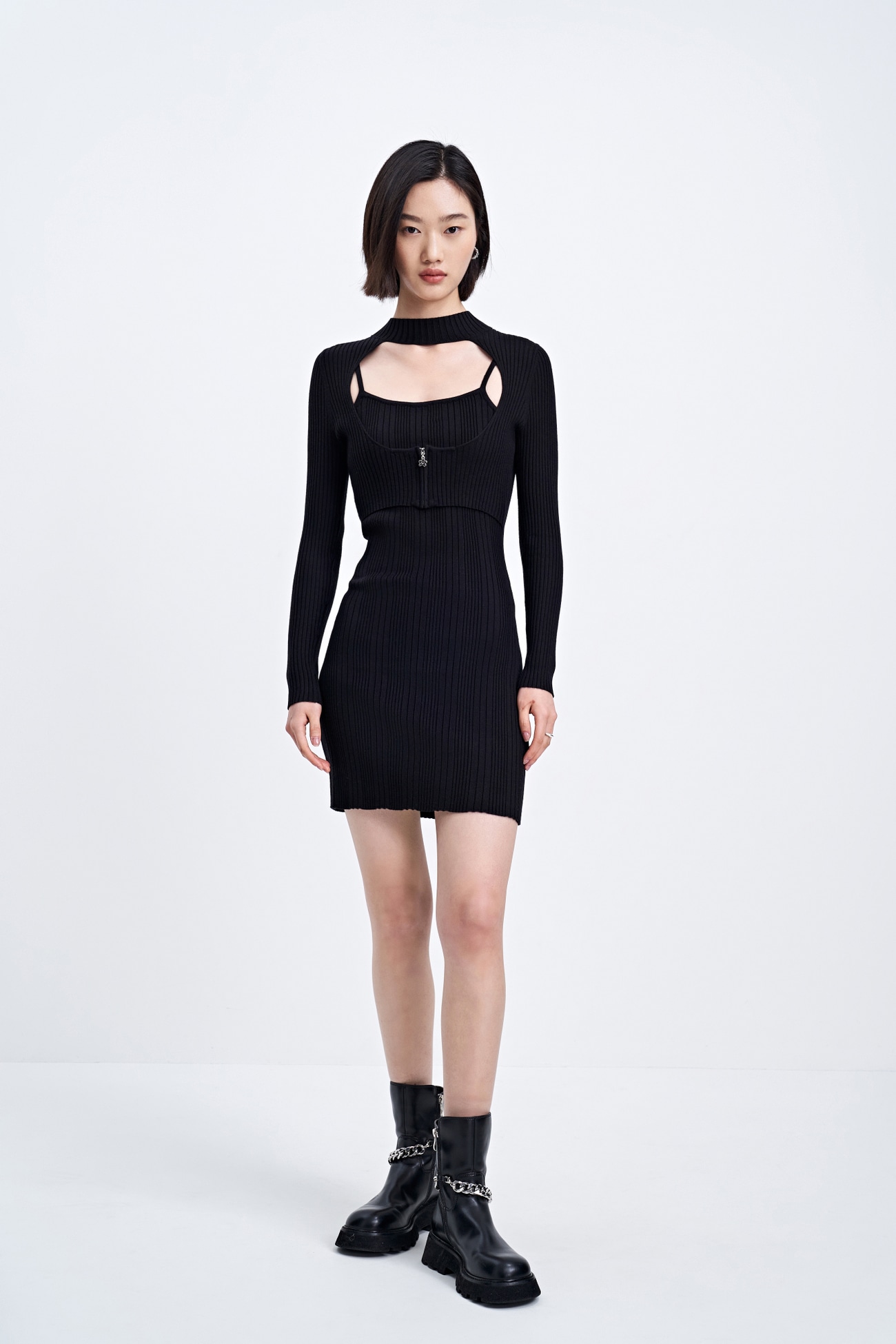 夏 レディースファッション フェイクツーピース タイトニット トレジャーワンピース ブラック S M L XL ワンピース ニットソー ショート ショート丈 袖あり 長袖 かわいい 大人可愛いシャツ・ブラウス