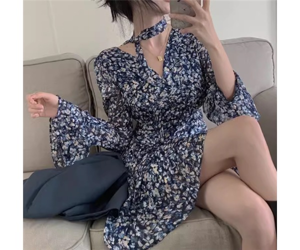 レディース ワンピース プルオーバー ミニ ショート 長袖 ベルスリーブ Vネック Aライン フェミニン シフォン ハイウエスト 異国風 かわいい 大人可愛い きれいめ 上品 おしゃれ こなれ感