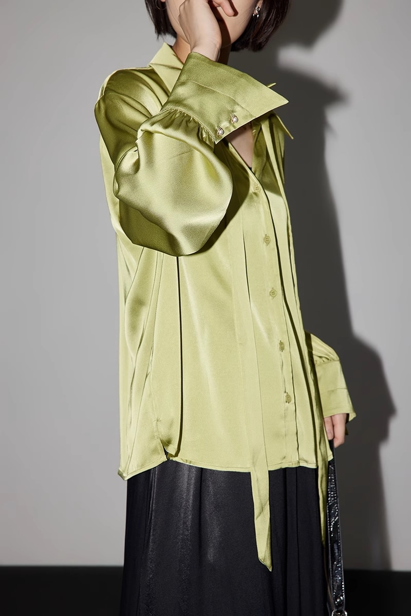 エレガント ネクタイ シャツ スムース Vネック ストレッチネック 通勤 ドレープシャツ 個性的 トップス シャツ 袖あり 長袖 襟付き カジュアル 大人 上品 おしゃれ お洒落 大人可愛い 大人女子