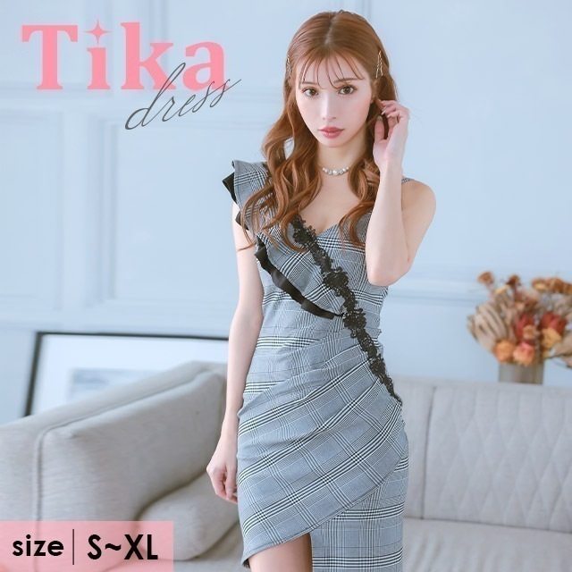 キャバドレス チェック モノトーン フリル アシメ ミニ ワンピース