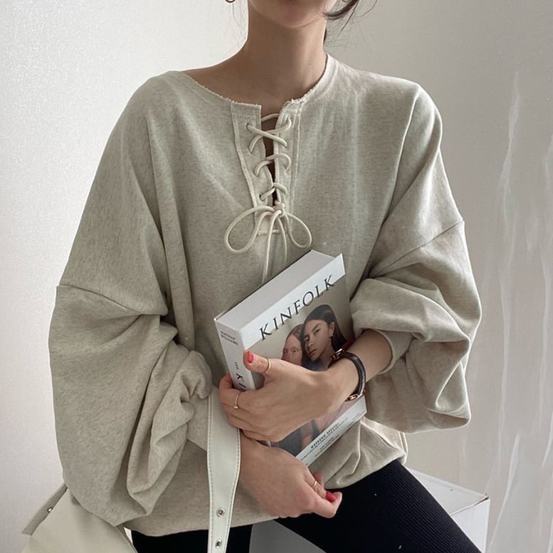 2color レディース シャツ レースアップ ボリュームスリーブ プルオーバー トップス