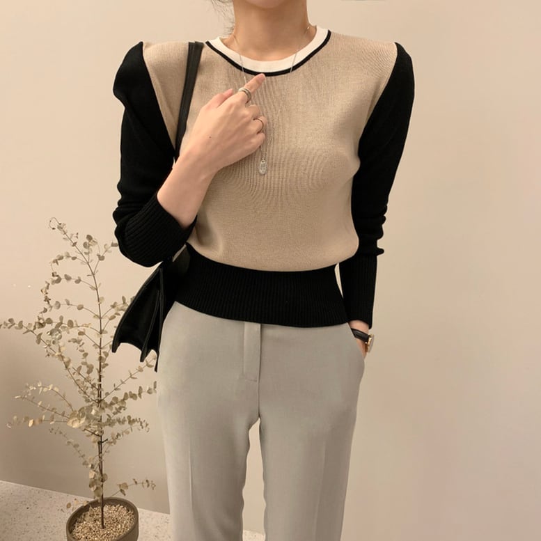 2color レディース バイカラートップス ワンポイントカラーネックニット 72