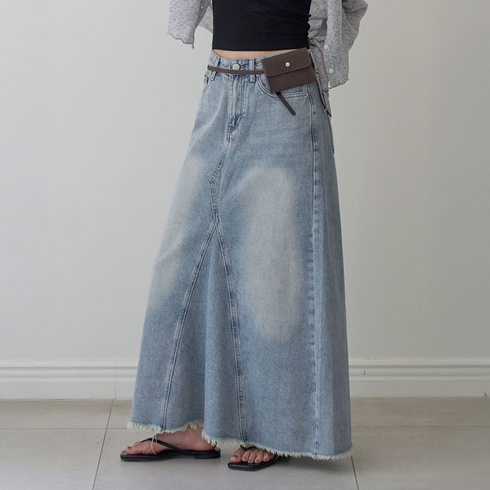 ドリエンフリンジウォッシングデニムロングスカート