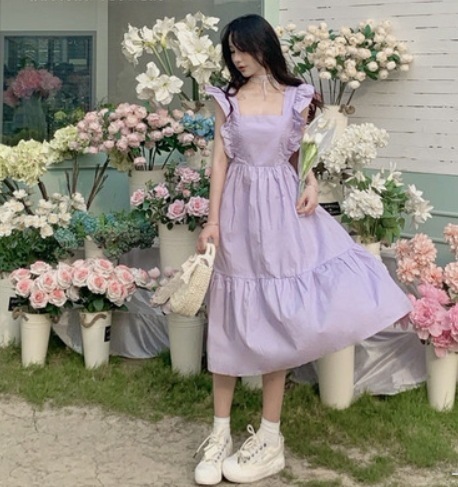 ワンピース モテアイテム かわいい ミディアム丈 ノースリーブ ラウンドネック フレア Aライン フリル リボン バックリボン 切り替えデザイン バックシャン バックコンシャス 通気性 ギャザー