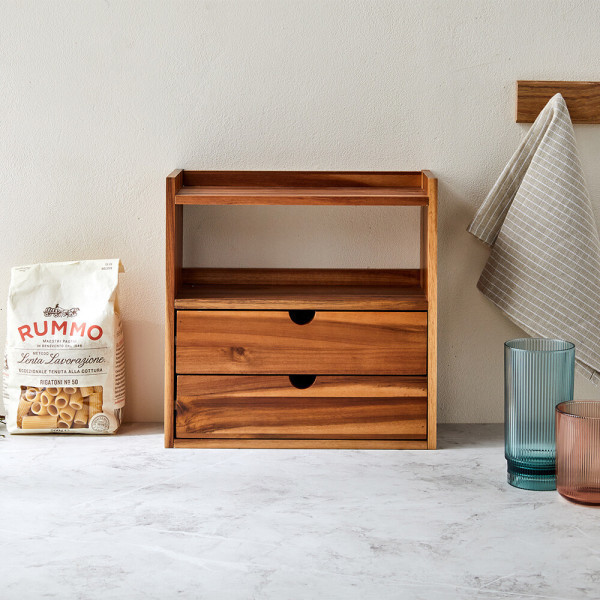 アカシア キッチン スプーン 及び 多用途 2段 保管箱