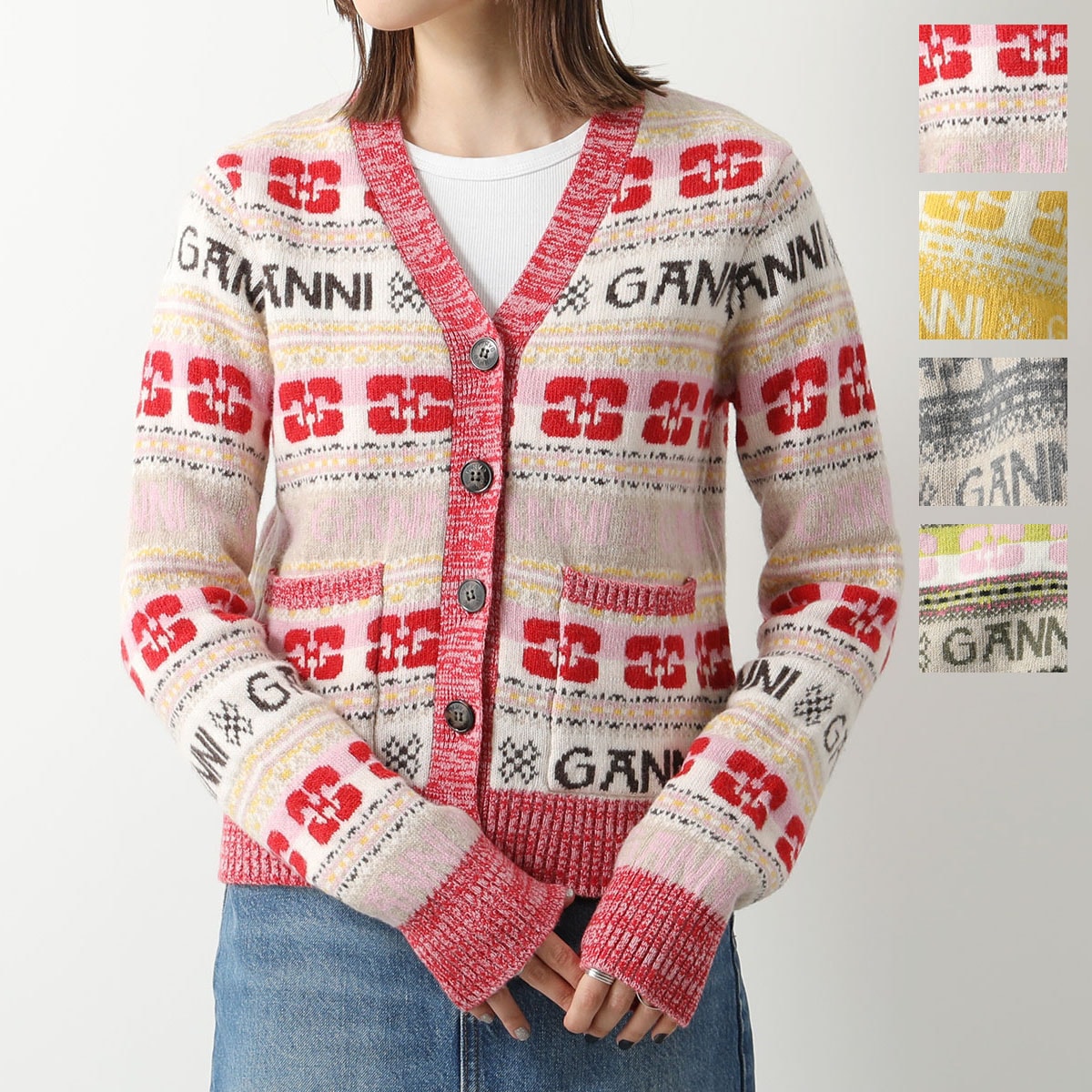 GANNI ガニー カーディガン Logo Wool Mix Cardigan K1901 K1959 K1971 K2035 2616 レディース ニット Vネック ウールブレンド カラー4色
