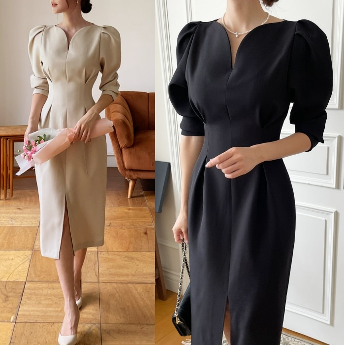 ワンピース ボリューム袖 ハートネック セレモニー 結婚式 長袖 7,543円