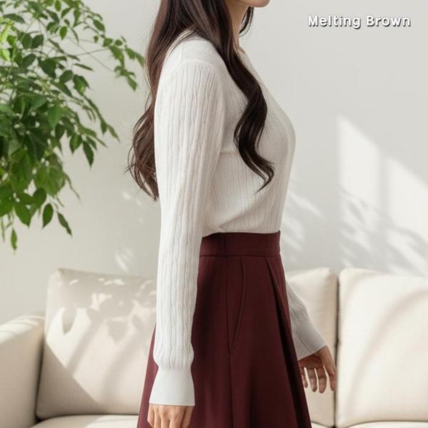 女性用ケーブルニット ラウンドネック ニットTシャツ IN30