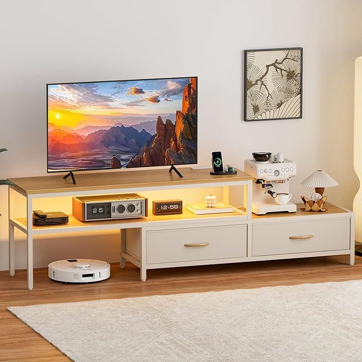 テレビ台 伸縮 テレビボード 収納チェスト ロータイプ 棚付き 引き出し ローボード ライト付き テレビラック ワイドチェスト (ベージュ, 幅100-190x奥行30x高さ42cm)