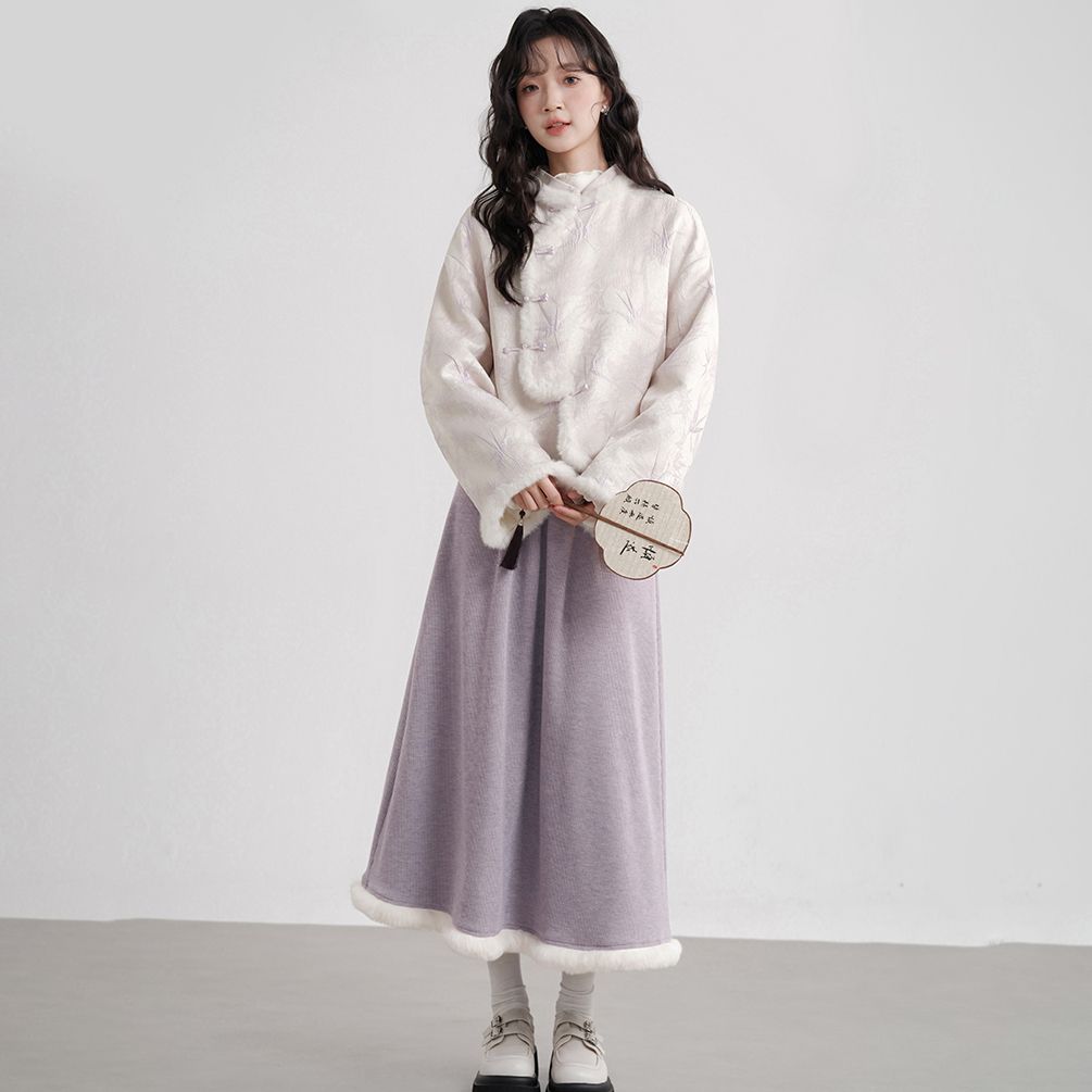 二点セット 新しい中国スタイルのスーツ秋と冬の新しいレトロバックルウォームジャケットスカート2ピースセット