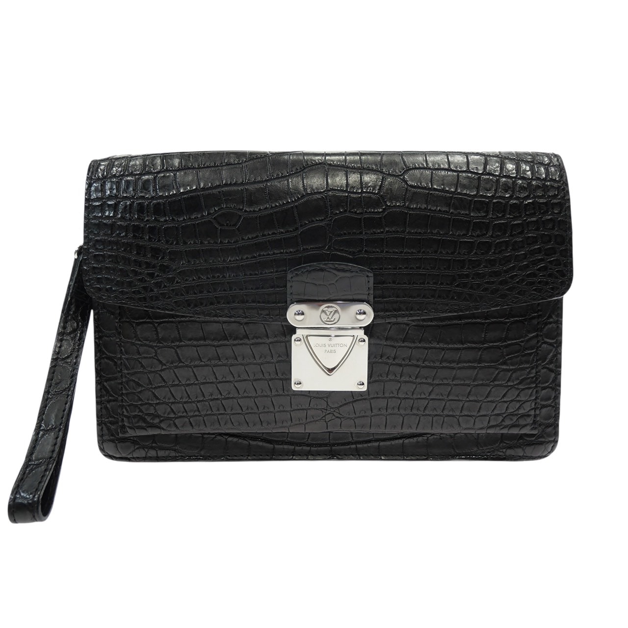 【美品】クロコダイル クラッチバッグ セカンドバッグ ブラック 黒 シルバー金具 BA4102 メンズ エキゾチックレザー ストラップ