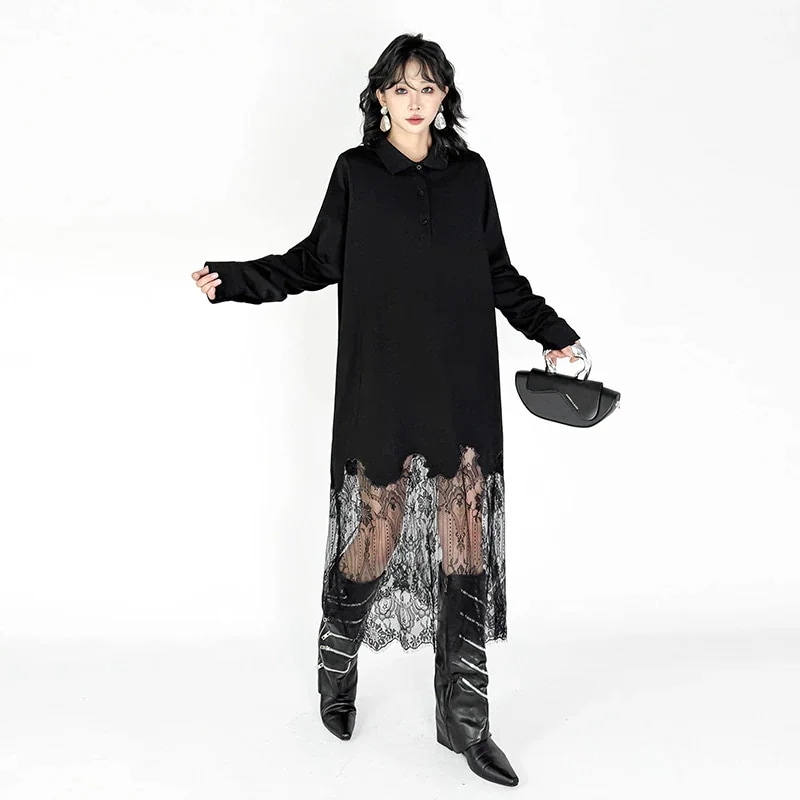 シャツワンピース 長袖ワンピース 新作 ワンピース レーヨン スプライシング ゆったり スリム 大きいサイズ 長袖ワンピース