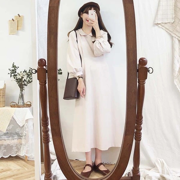 スカートロングスカートワンピース 学生 ロングワンピース ゆったり 秋冬 ブラック/ベージュ エレガント 通学 長袖 おしゃれ 着痩せ S/M/L/XL 韓国ファッション 無地 フェミニン 可愛い
