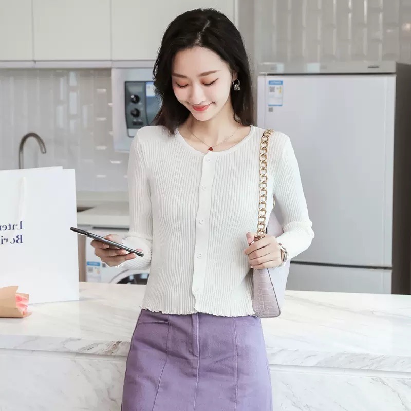 レディース トップス カーディガン ショート丈 長袖 ラウンドネック 細身 前開き ボタン 薄手 大人可愛い きれいめ シンプル 大人 上品 お洒落 かっこいい レディース 20代 オルチャン 無地