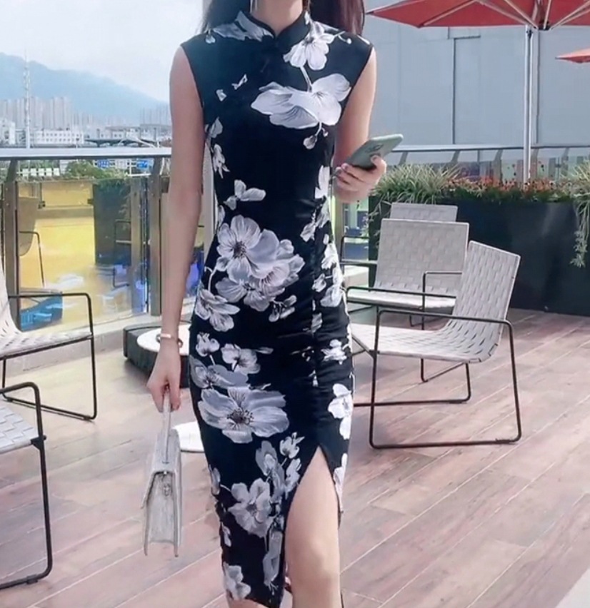 ワンピース ドレス レディース ミドル ノースリーブ チャイナ風 スリット かわいい 大人可愛い きれいめ 大人 上品 おしゃれ 花柄 フラワー 夏 デート イベント パーティ ブルー ブラック