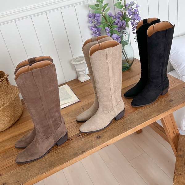 ロングブーツ ウエスタンブーツ サイドジップ レザー スエード レディース ミドルヒール 黒 茶 ブラック ブラウン ベージュ 歩きやすい 靴 婦人靴 韓国