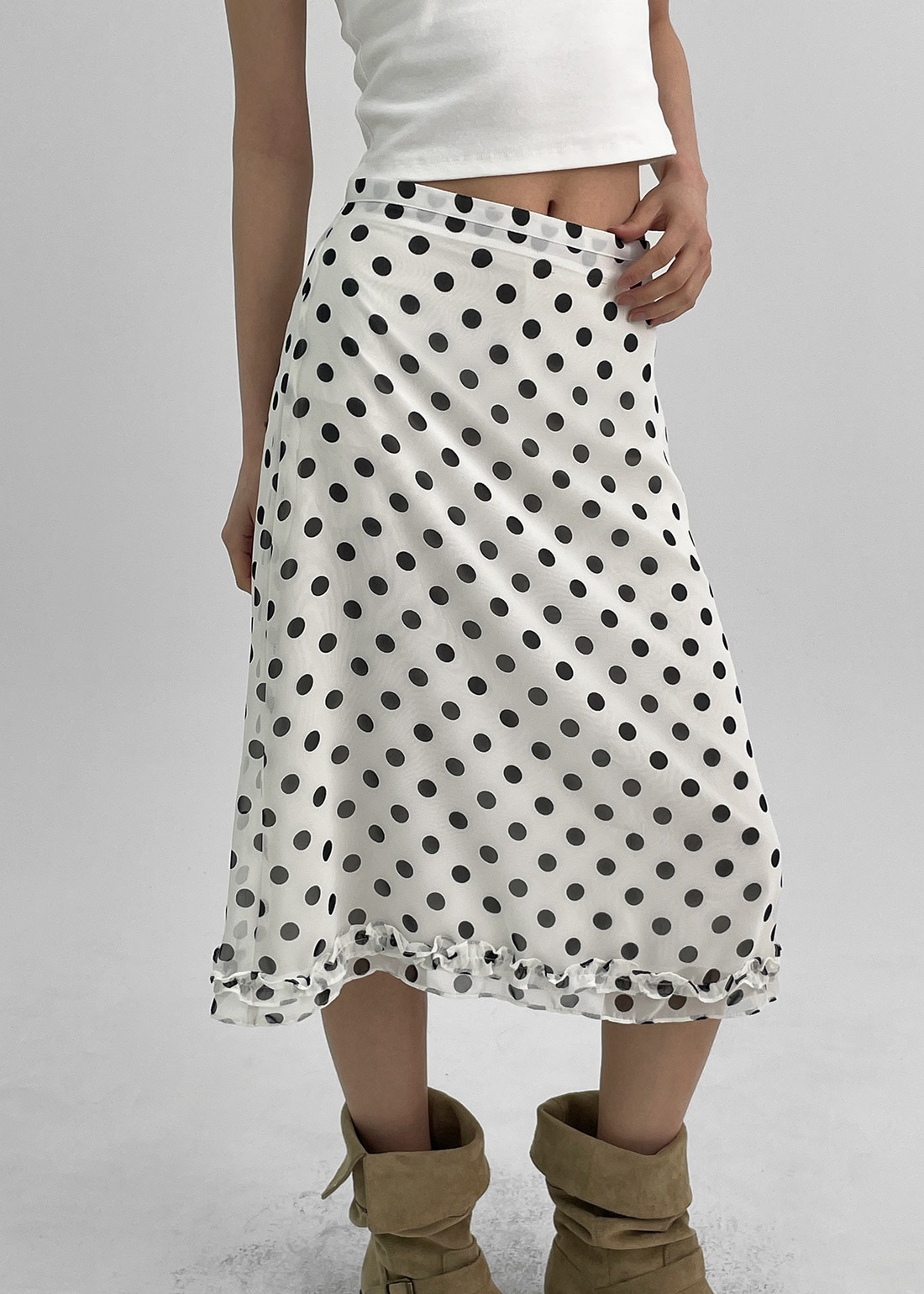 ミネシフォンフリルドットミディスカート