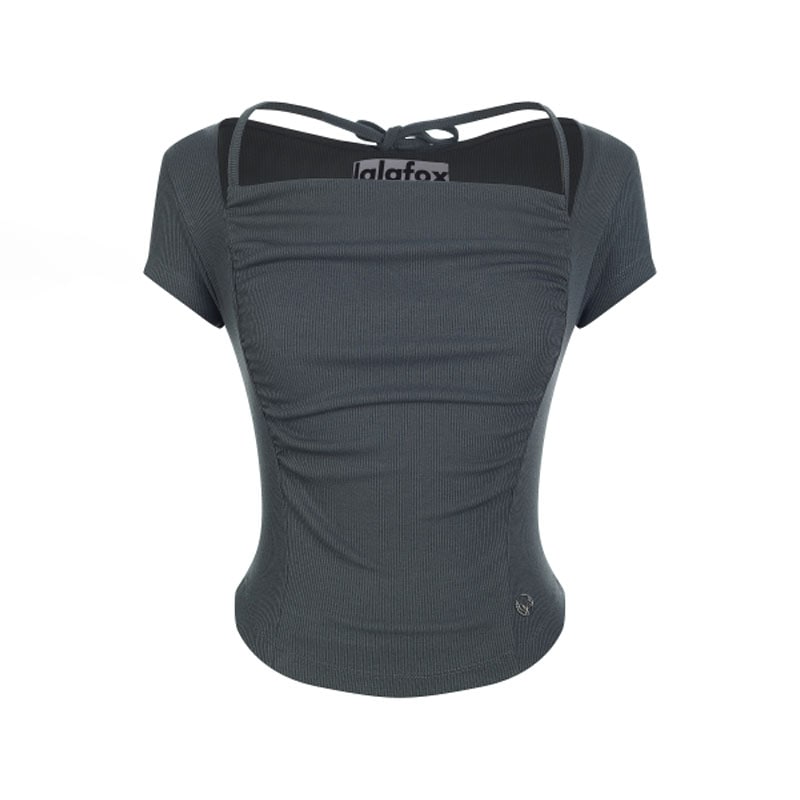 [LALAFOX] DRAPING HALTERNECK T-SHIRTS ( CHARCOAL )