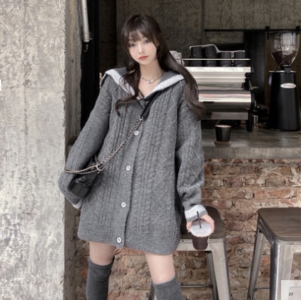 カーディガン ネイビーカラー トップス ガーリー グレー 灰色 ミディアム丈 袖あり 長袖 襟付き