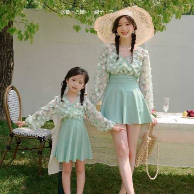 女の子水着 親子ペアルック 体型カバー 親子コーデ 緑色 花柄 子供水着 夏 ビーチ 海 温泉 UVカット ママ水着 レディース水着 プール 水泳 夏新品 キッズ水着 母親 girl
