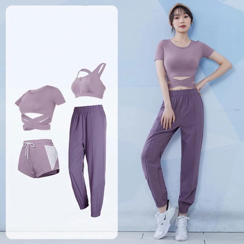 4点セットヨガウェア女性用おしゃれヨガウェア夏ファッションテンパレディーストレーニングウェアッショナルトレーニングのモーニングラン フィットネススーツト メカ割
