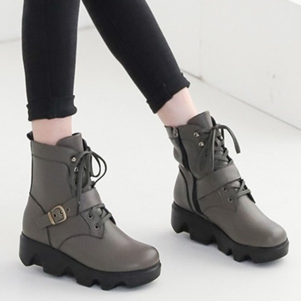 (Ninaspari) 牛革バックル付きレースアップスタイルチャンキーウォーカー