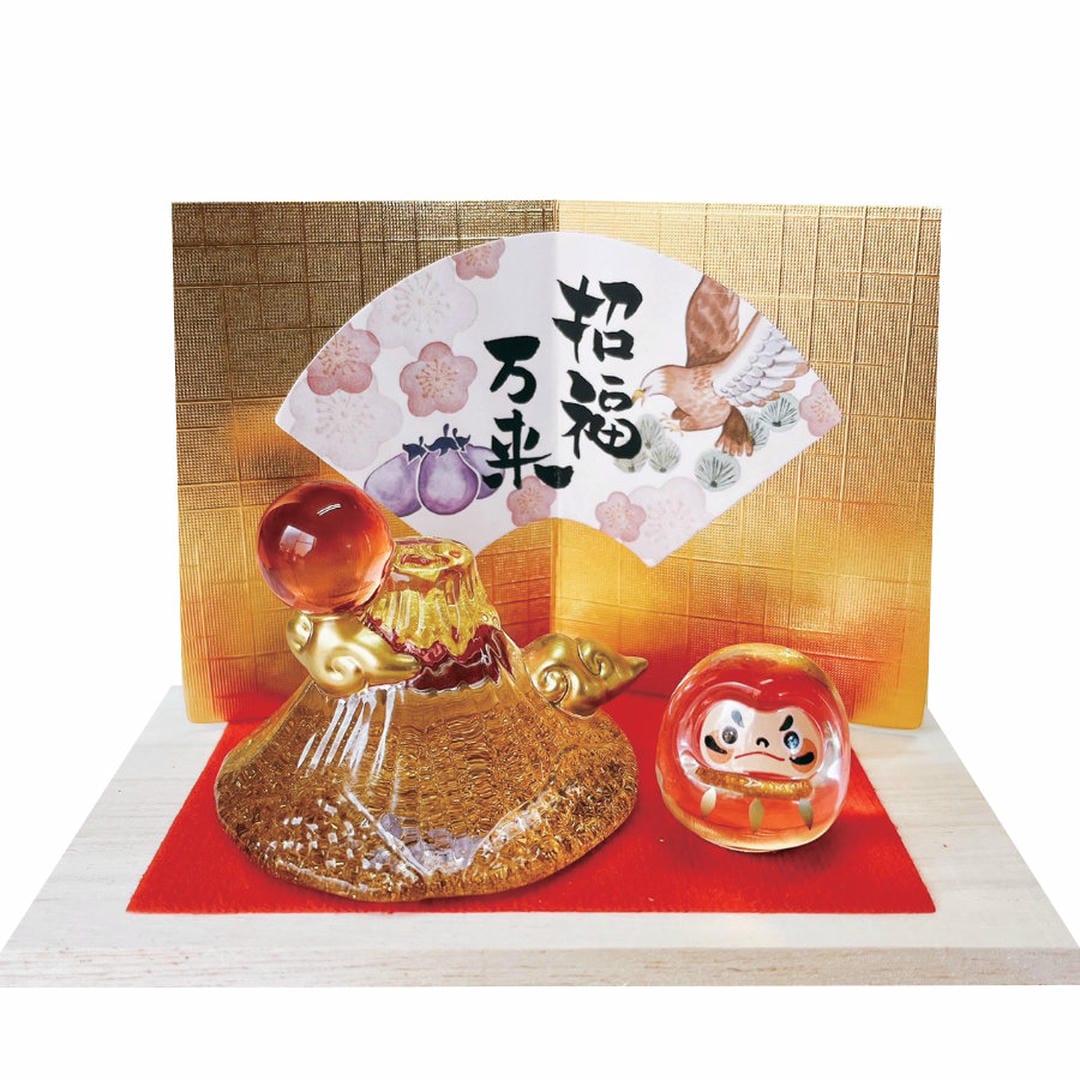 金富士山とだるま飾り E-32 ガラス 置物 置き物 おしゃれ かわいい 開店祝い 富士山 ふじさん 富士 日本一の山 選挙 合格 幸運 インテリア